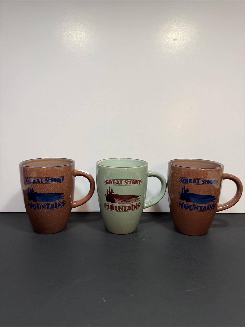 Vintage Great Smoky Mountains Ceramic Mug - Brown and Green Set